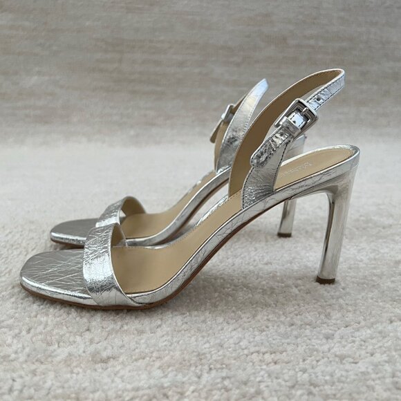 NWOT Michael Kors Kasia Silver Crackled Leather Sandals Heels Shoes 7.5 - Picture 1 of 8